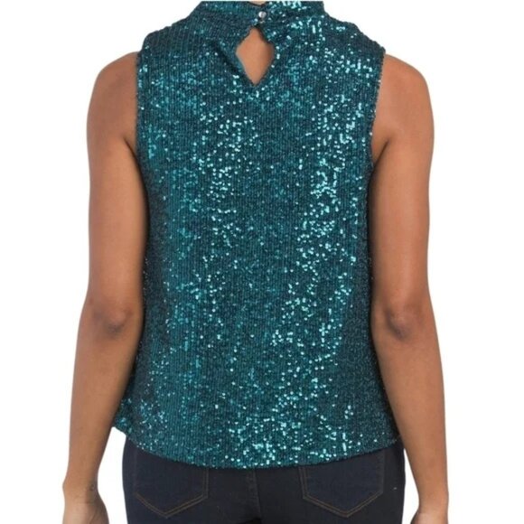 NWT Cable & Gauge Teal Sequin Mock-Neck Top | Sleeveless Blouse | Size M - Picture 2 of 11